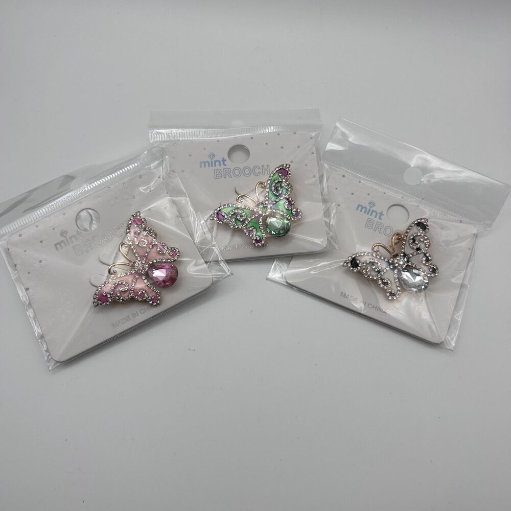 Lot of 3 Butterfly Brooches Enamel Rhinestone Pins Pink Green White Costume Set
